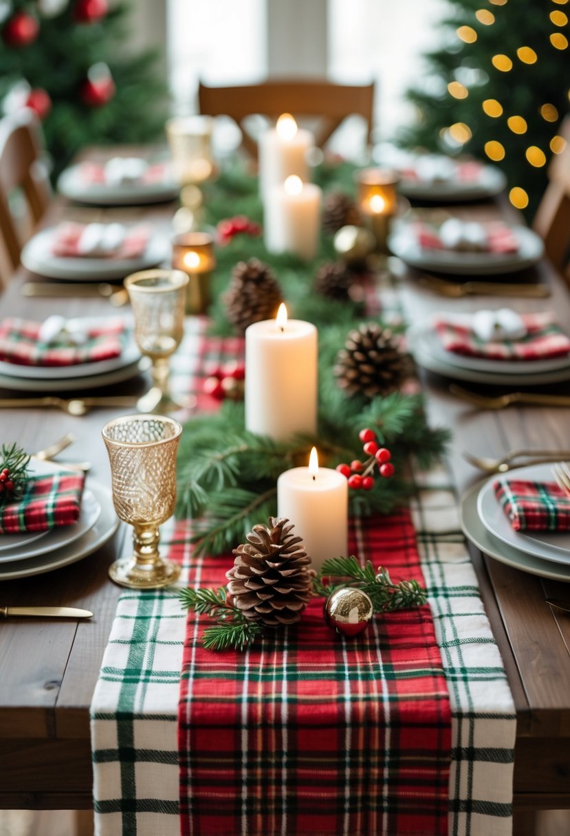 A Christmas party table decorated with plaid table runners, pinecones, candles, evergreen sprigs, and small wrapped gifts.