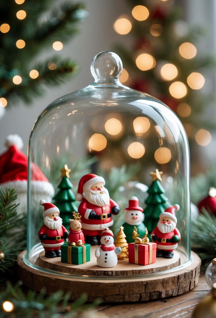 A glass cloche containing small Christmas holiday figurines on a wooden surface with festive decorations in the background.