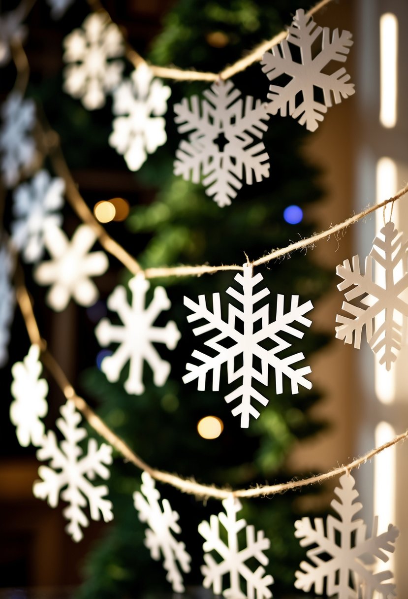 White paper snowflake cutouts strung together as garlands hanging indoors for Christmas decoration.