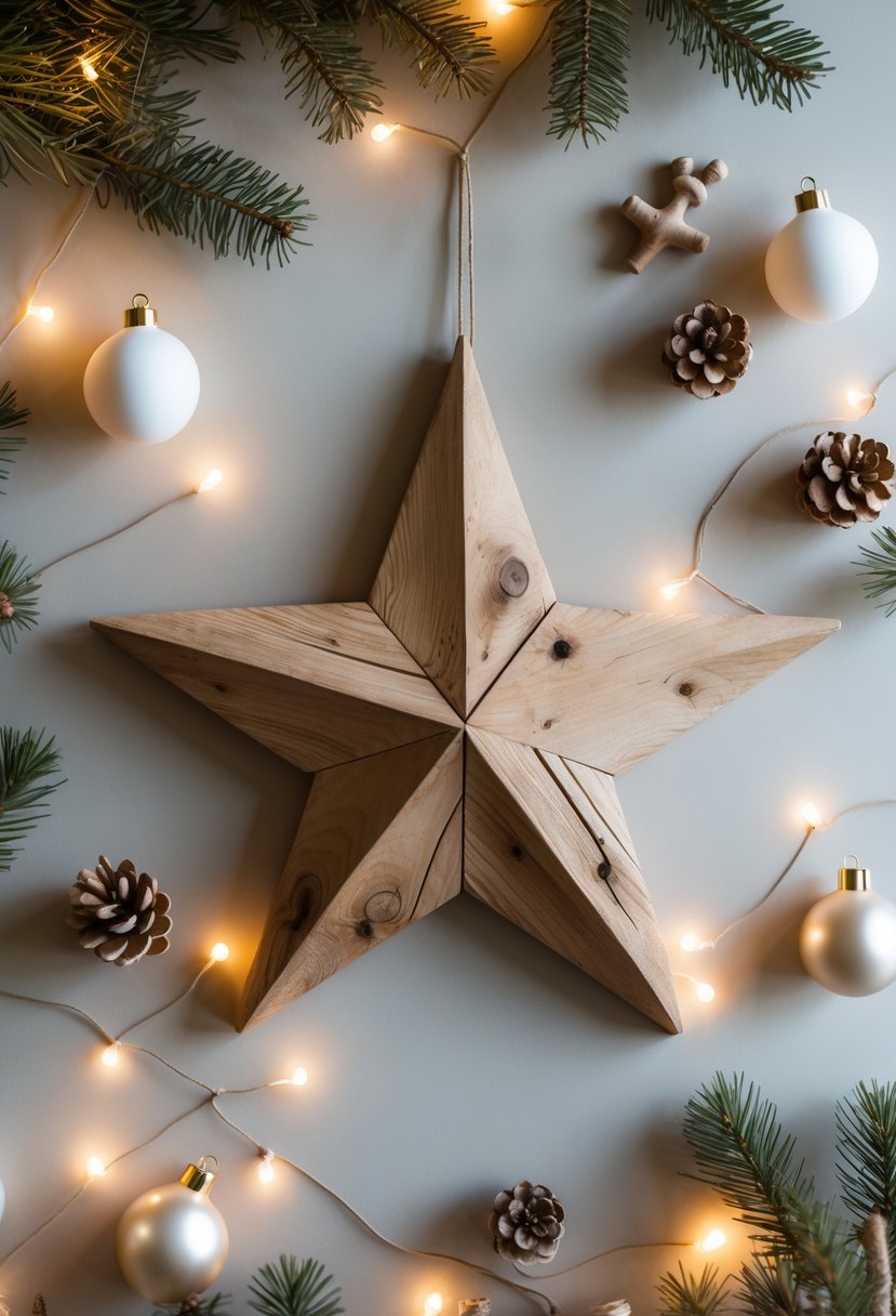 A rustic wooden star mounted on a wall surrounded by Christmas decorations including pine branches, pine cones, and warm string lights.