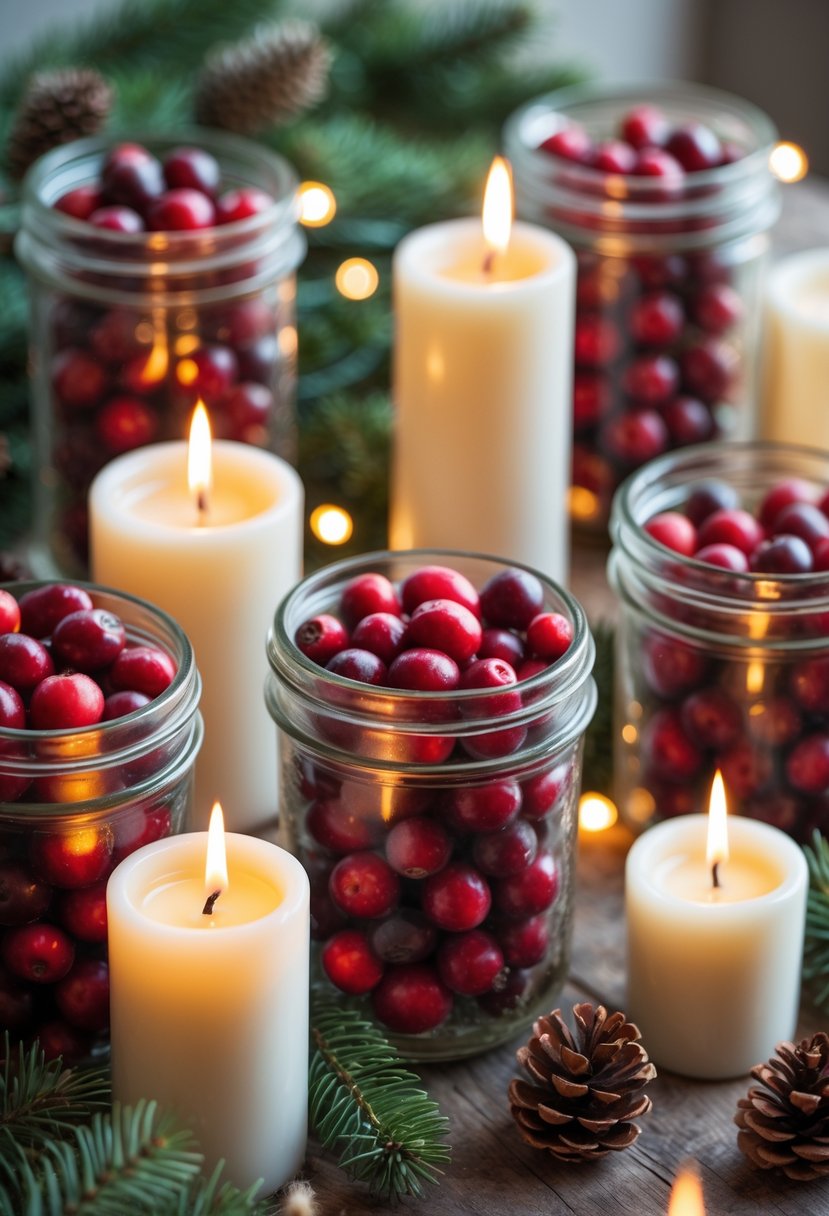 Mason jars filled with cranberries and candles arranged on a wooden table with pine branches and pinecones.