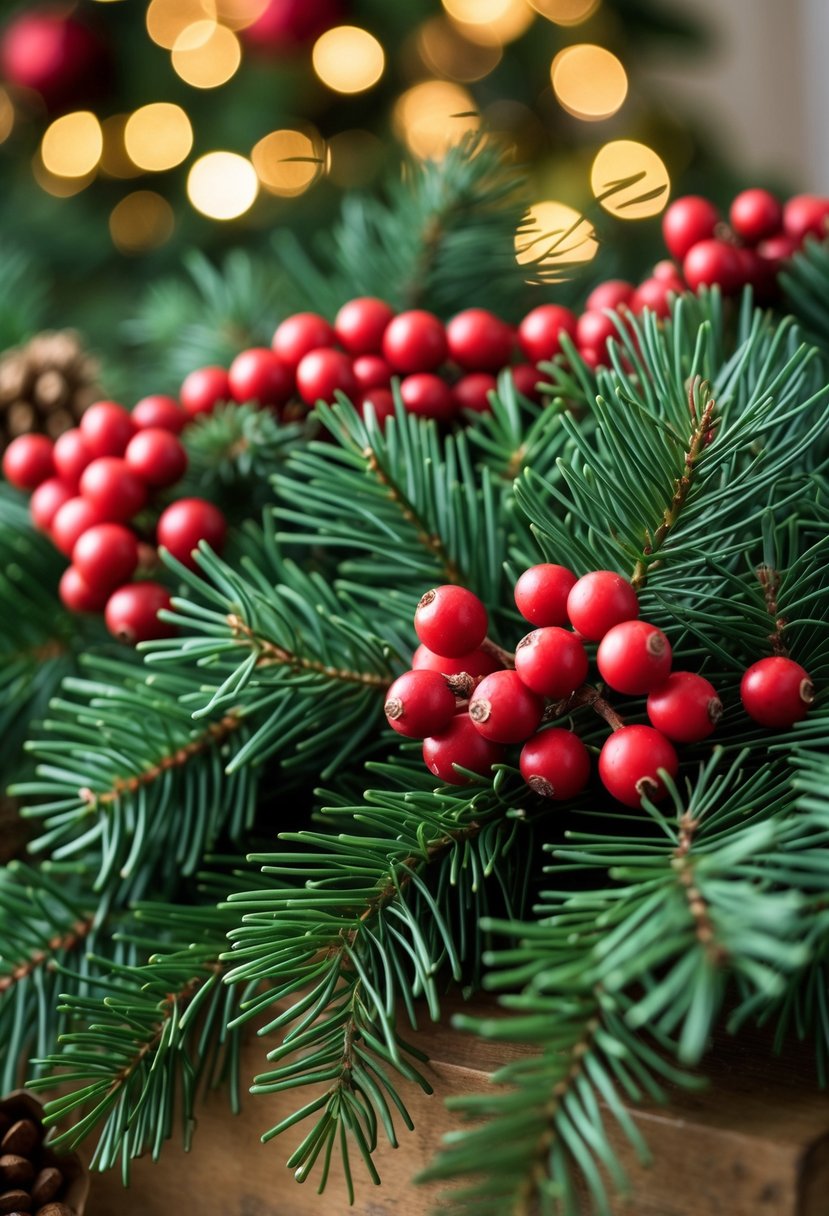 A Christmas garland made of pine needles and red berries draped as holiday decoration.