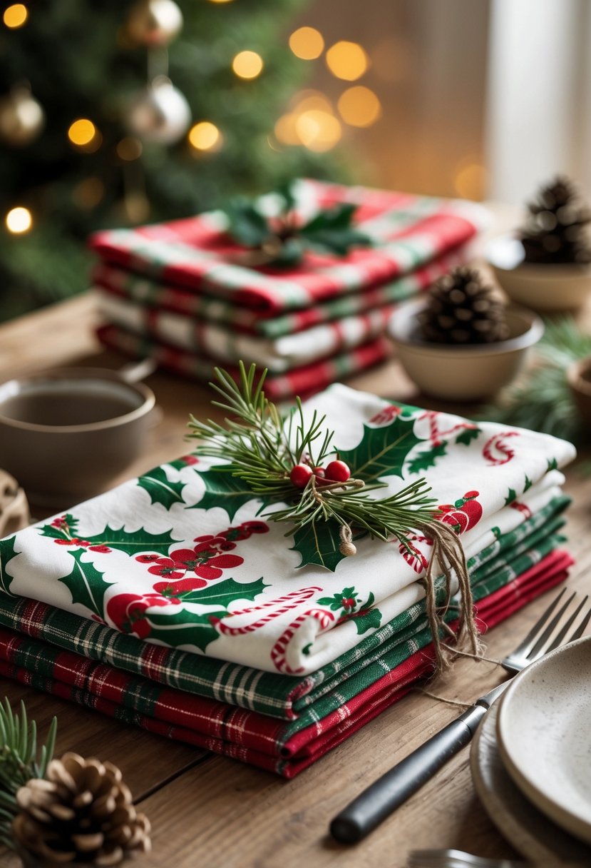 A wooden table with folded Christmas-themed fabric napkins featuring holiday patterns, arranged with plates, cutlery, and festive decorations like pine sprigs and cinnamon sticks.