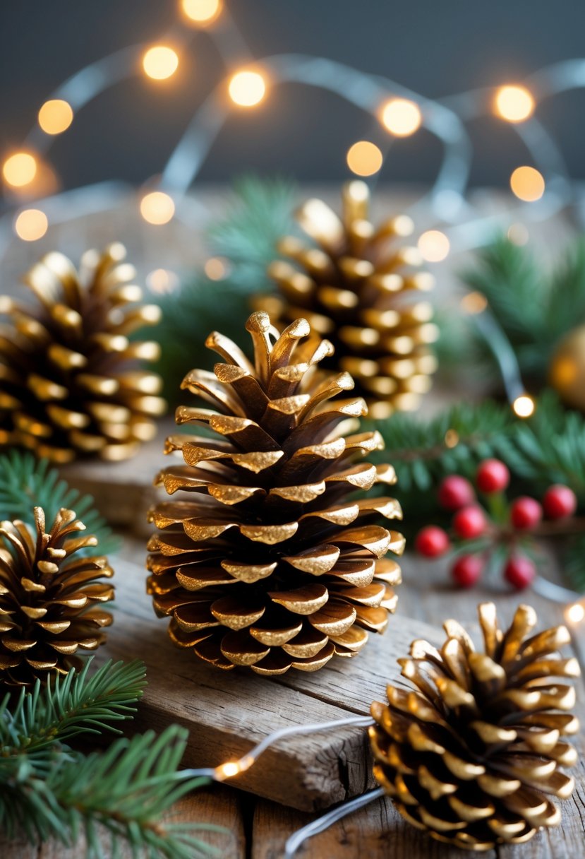 Gold-painted pinecones arranged on a wooden surface with evergreen sprigs and soft glowing lights in the background.