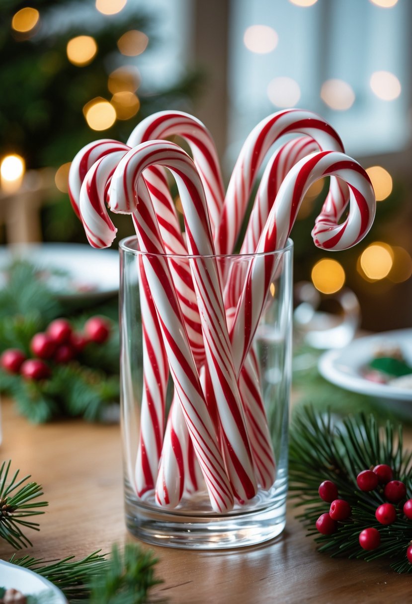 A clear glass vase filled with red and white candy canes on a wooden table decorated with pine branches, red berries, and warm fairy lights.