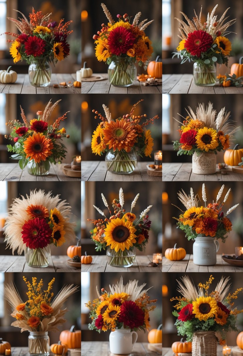 Twelve vibrant fall flower arrangements featuring chrysanthemums, sunflowers, and autumn leaves displayed on a wooden table with seasonal decorations.