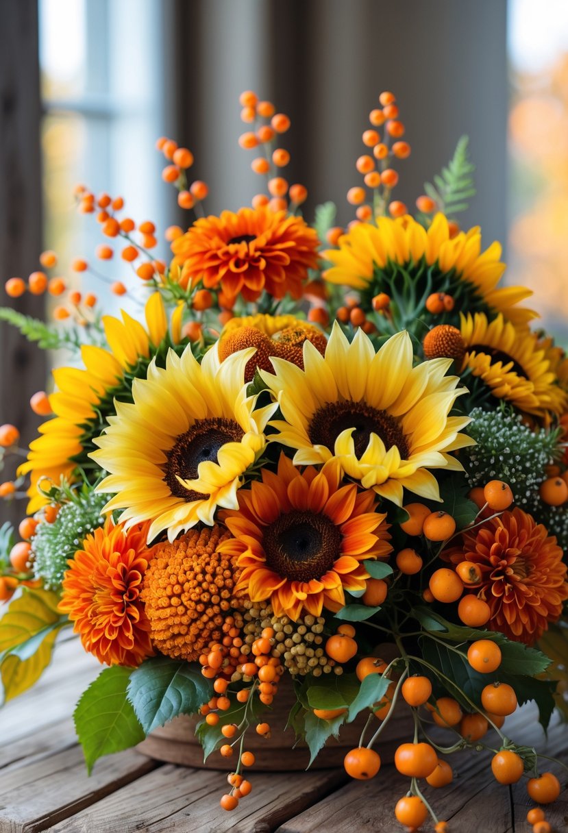 A fall flower centerpiece with sunflowers, orange and yellow mums, and orange berries on a wooden table.