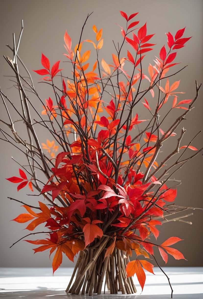 An arrangement of twigs and branches with bright red autumn leaves.