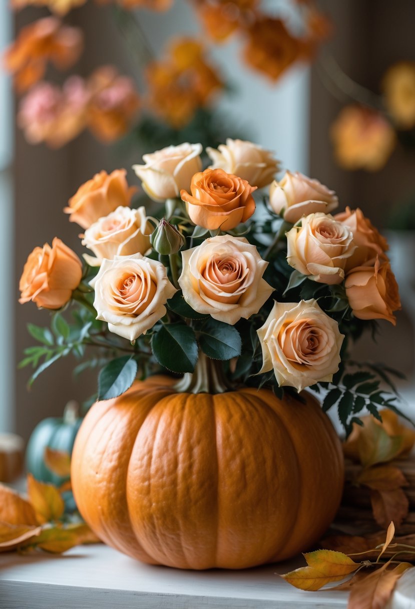 Pumpkin used as a vase holding a bouquet of orange and cream spray roses with green leaves.