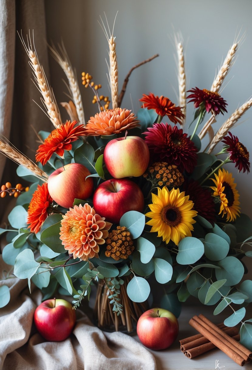 A fall bouquet with red apples, eucalyptus leaves, orange chrysanthemums, red dahlias, yellow sunflowers, dried wheat, and cinnamon sticks.