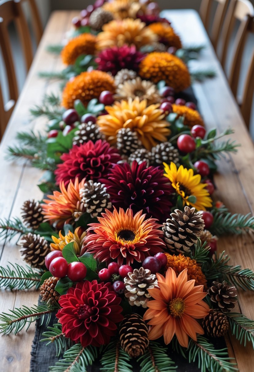 A table decorated with a runner made of mixed berries and pinecones, surrounded by twelve fall flower arrangements in warm autumn colors.