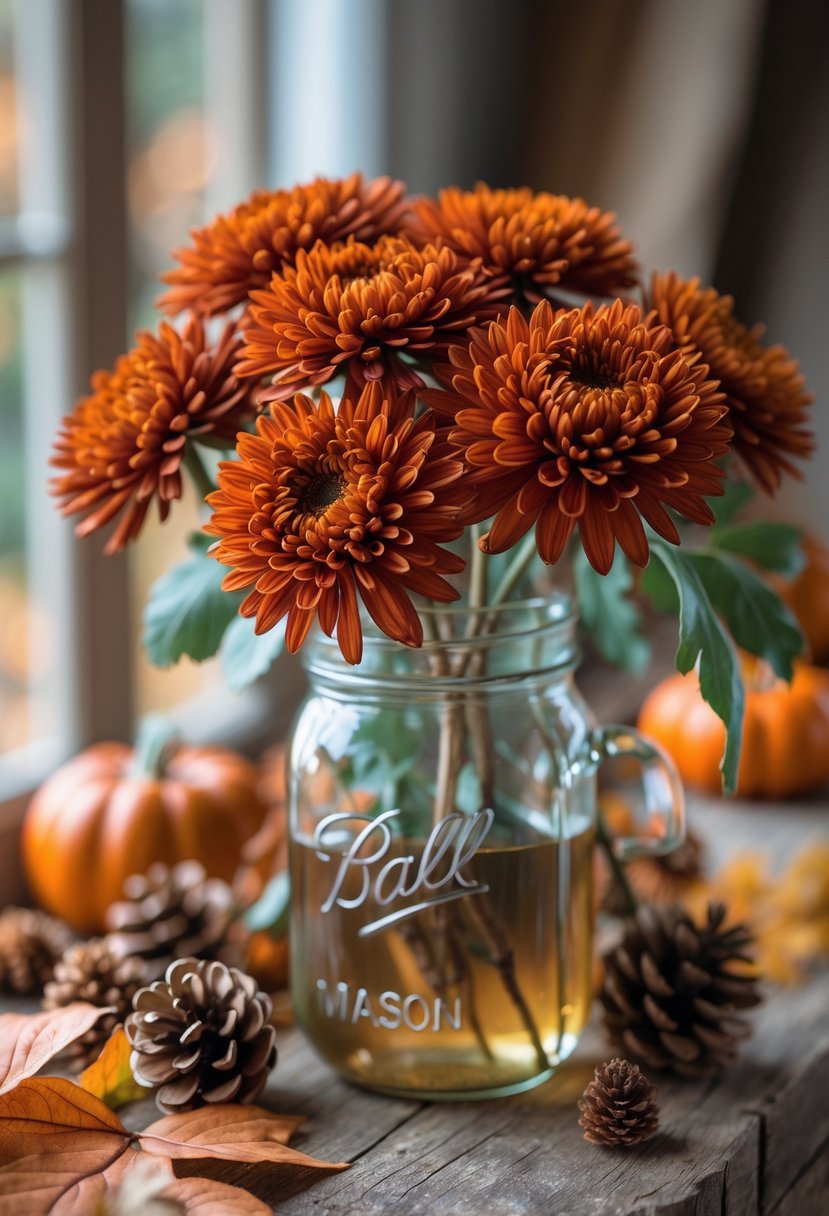 Rust-colored chrysanthemums arranged in a mason jar on a wooden surface with autumn leaves and pine cones nearby.