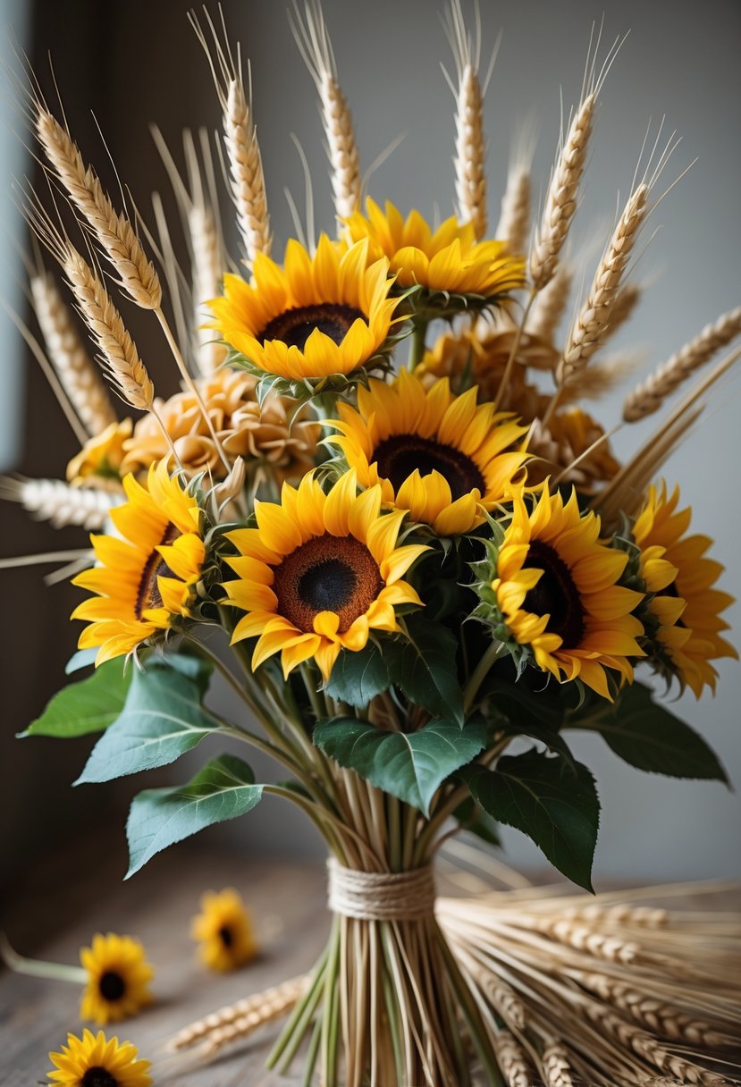 A rustic bouquet of bright sunflowers and golden wheat stalks arranged together with warm fall colors.