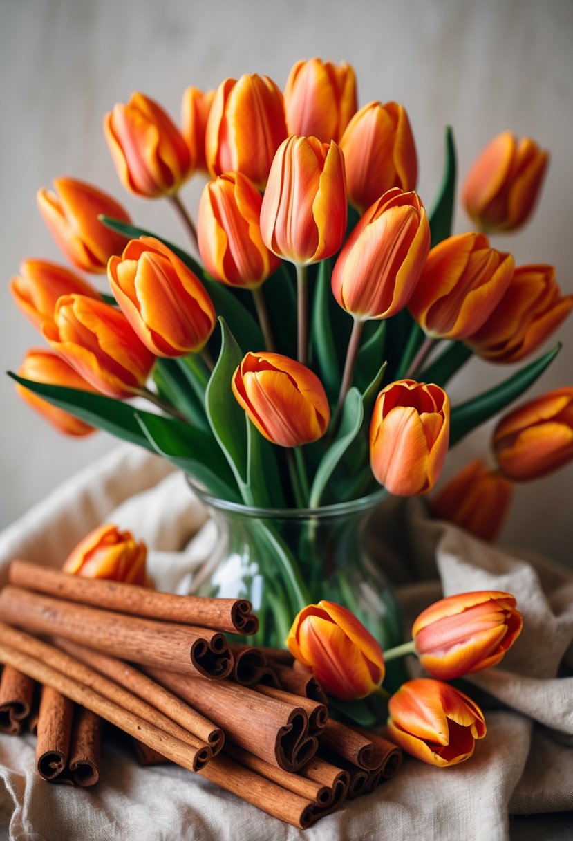 A fall flower arrangement with orange tulips and cinnamon sticks on a neutral background.