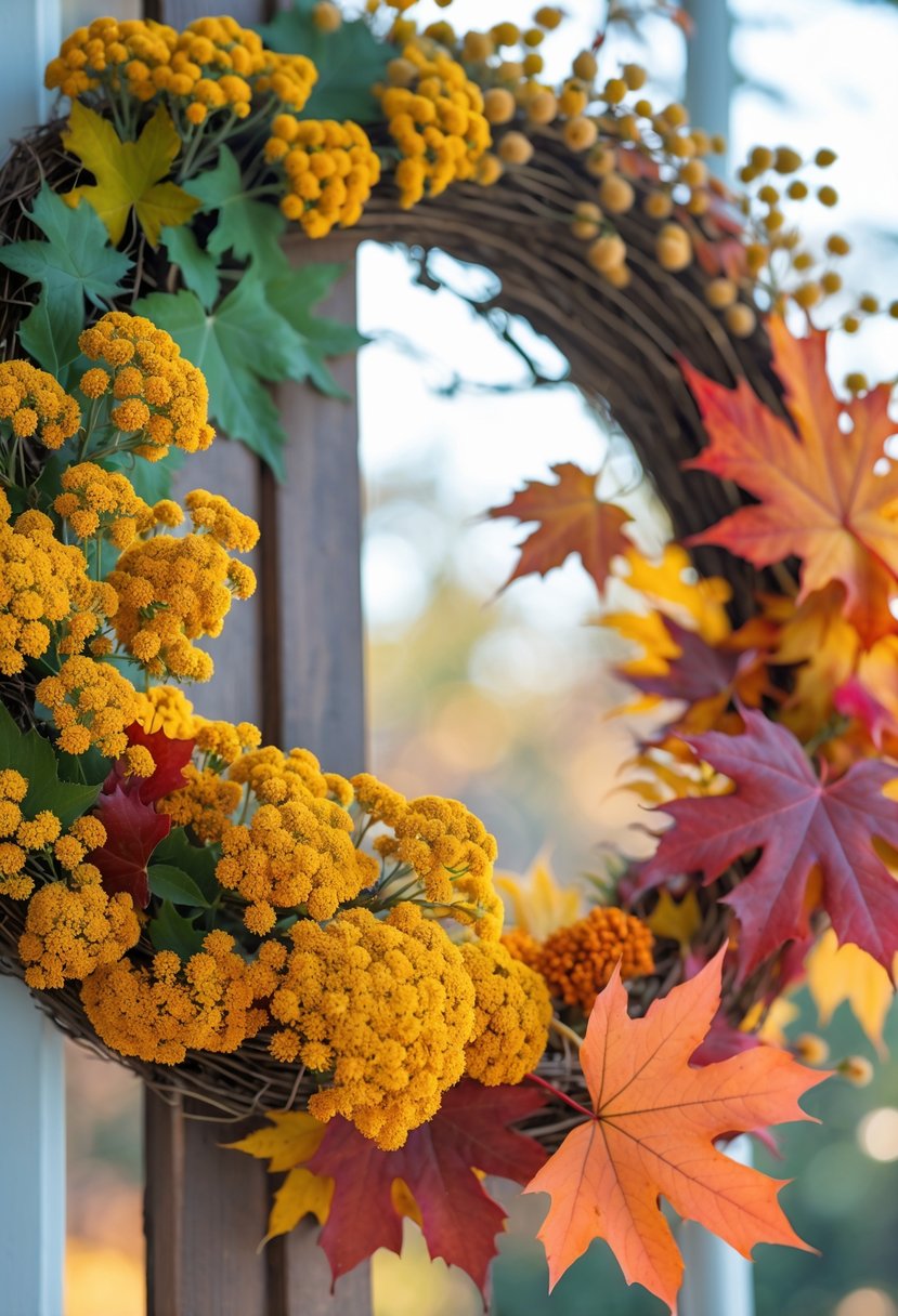 A circular wreath made of goldenrod flowers and colorful maple leaves in autumn colors.
