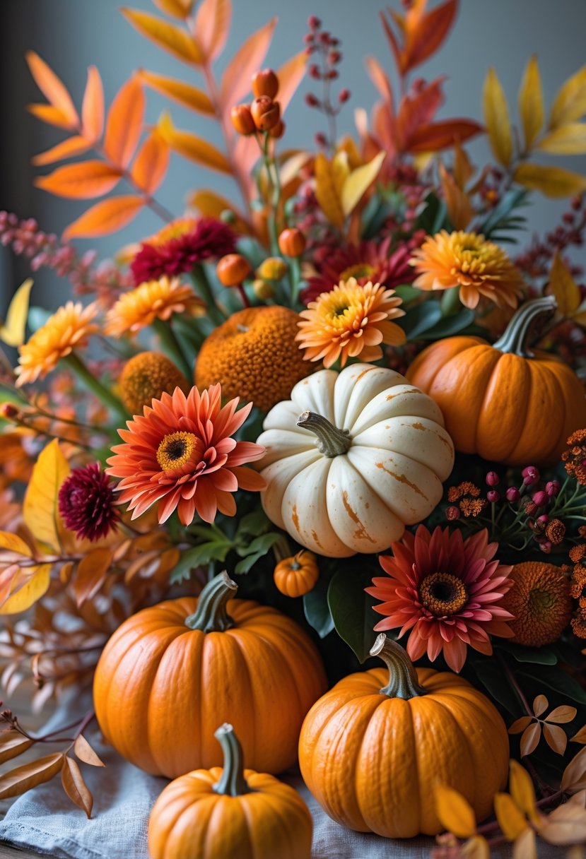 A fall flower arrangement with mixed autumn leaves, colorful flowers, and small pumpkins.