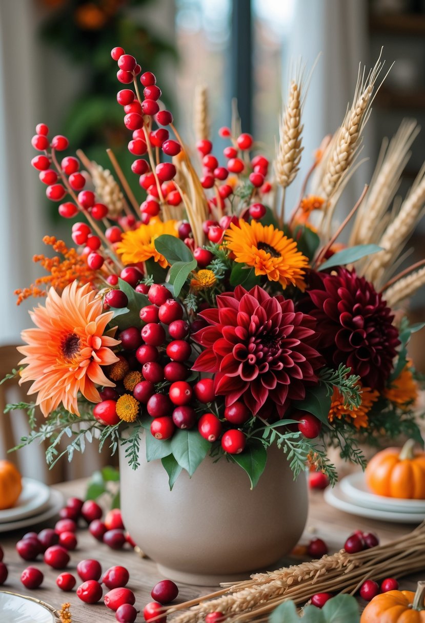 A fall flower centerpiece with red cranberries, orange hypericum berries, autumn flowers, and green leaves arranged in a vase on a wooden table.