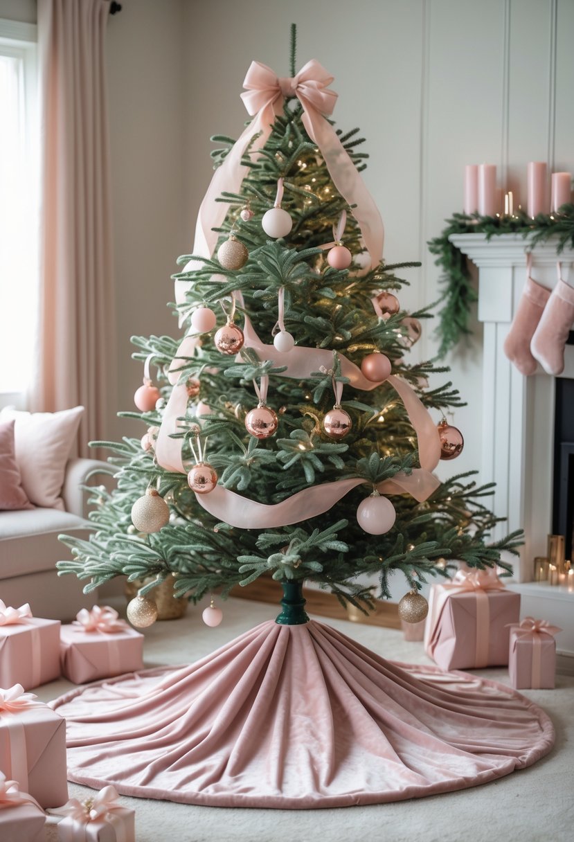 A Christmas tree with a blush pink velvet skirt surrounded by pink ornaments, gifts, and candles in a cozy living room.