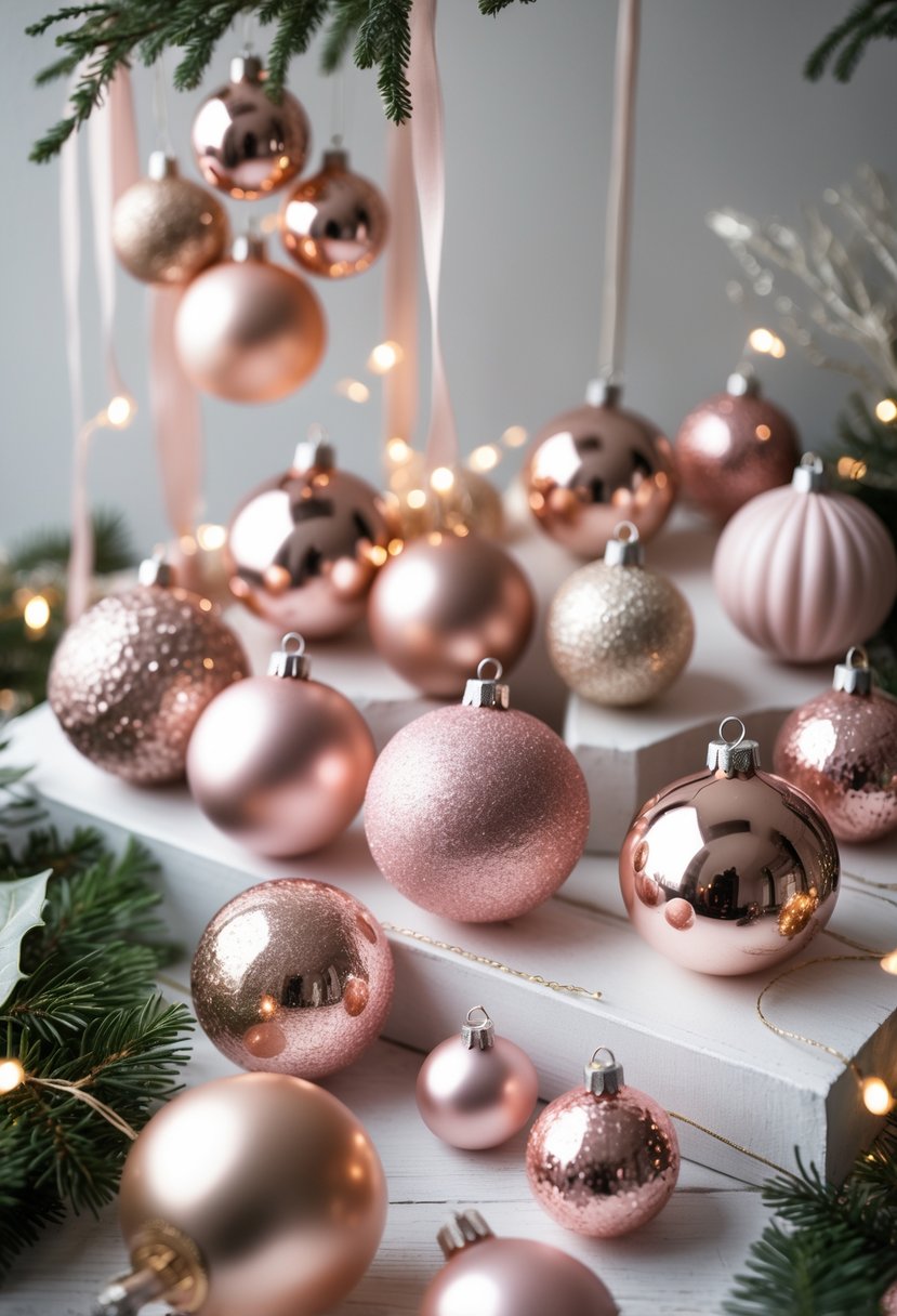 A collection of rose gold and pink Christmas ornaments arranged with holiday greenery and soft lights on a white surface.