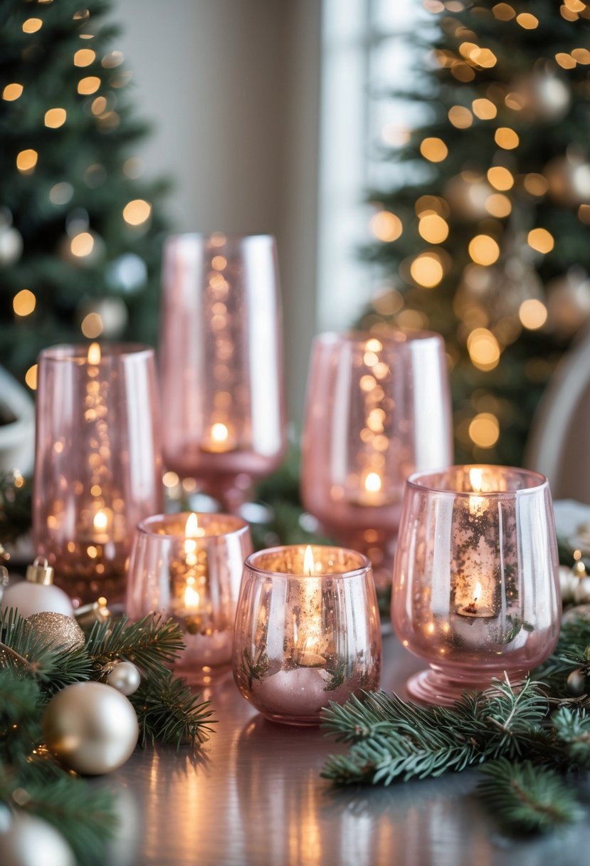 A group of pink mercury glass candle holders arranged with Christmas decorations on a table.