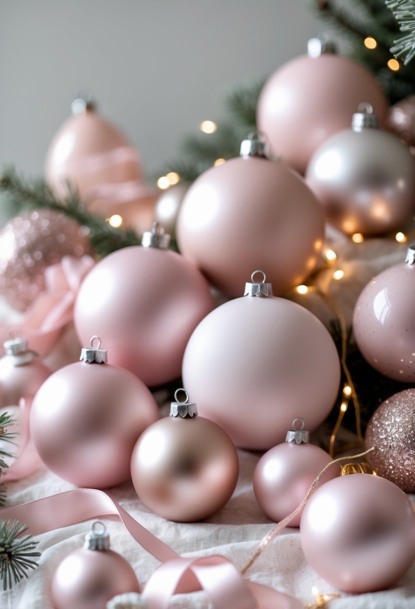 A collection of matte blush pink Christmas baubles arranged with ribbons and subtle lights on a neutral background.