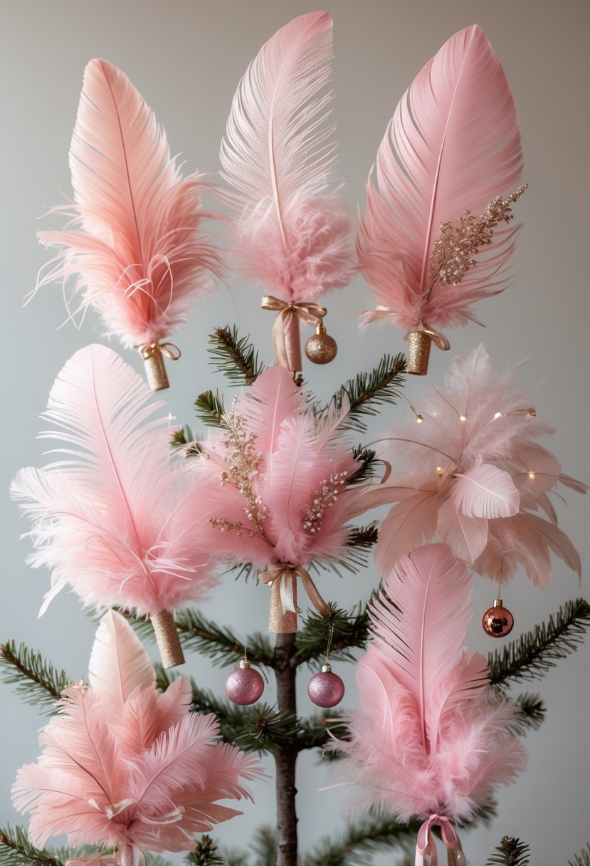 A collection of pink feathered Christmas tree toppers displayed on small tree branches with decorative accents.