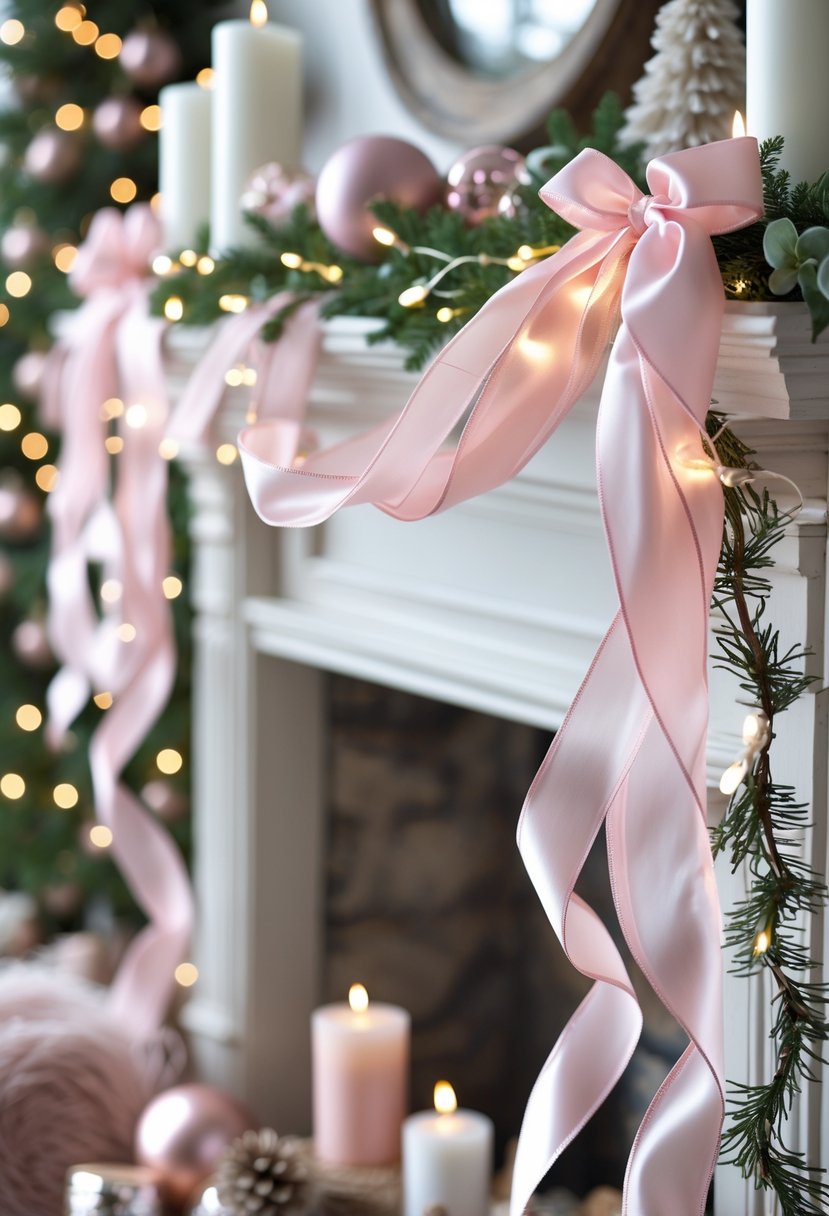 A soft pink ribbon garland decorated with small lights and greenery draped over a mantel surrounded by pink ornaments and candles.
