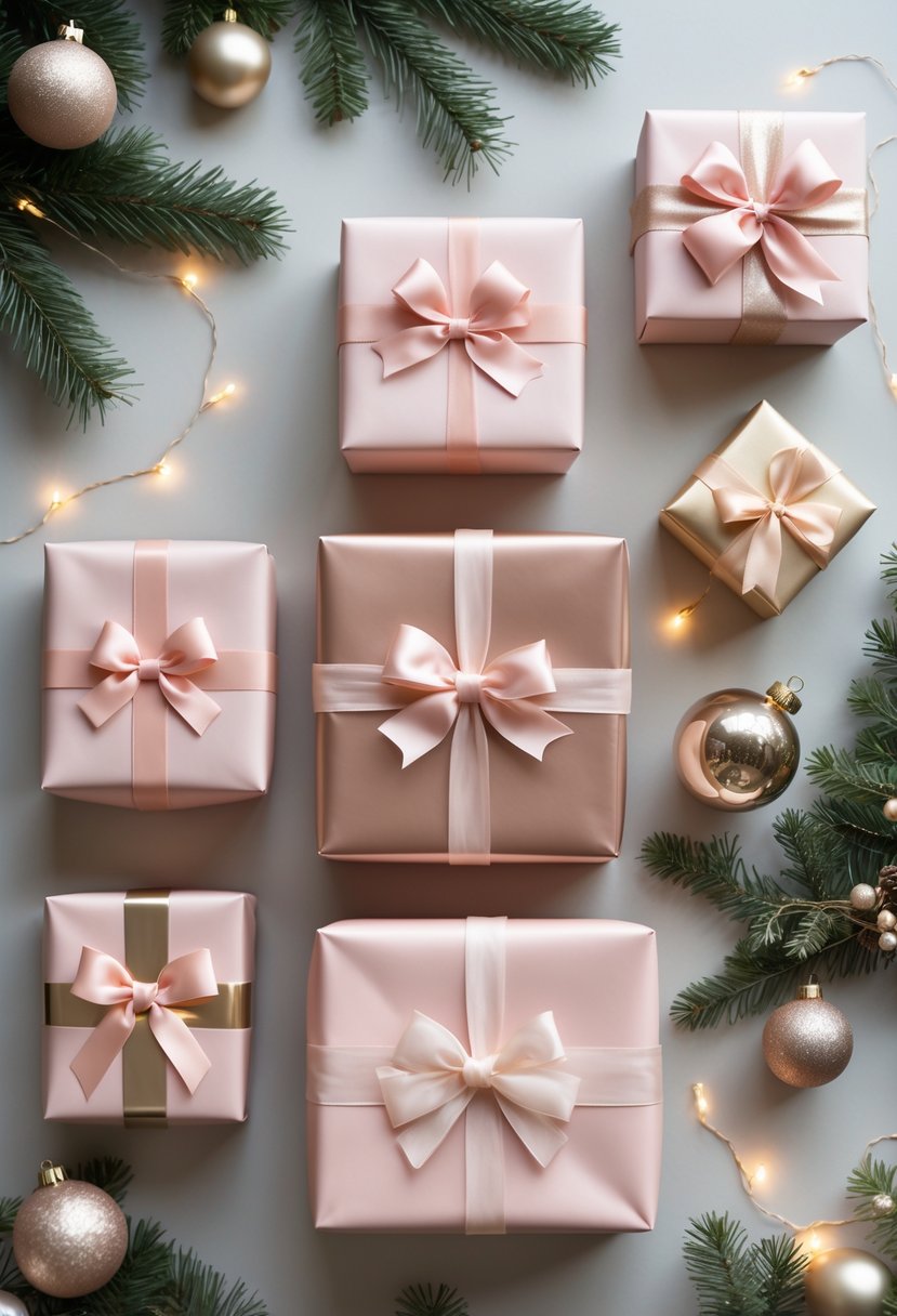 A group of blush pink and gold wrapped gift boxes with ribbons, surrounded by pine sprigs and gold ornaments on a neutral background.
