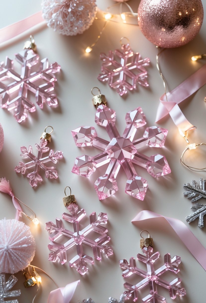 A collection of pink crystal snowflake ornaments displayed with festive ribbons and soft lights.