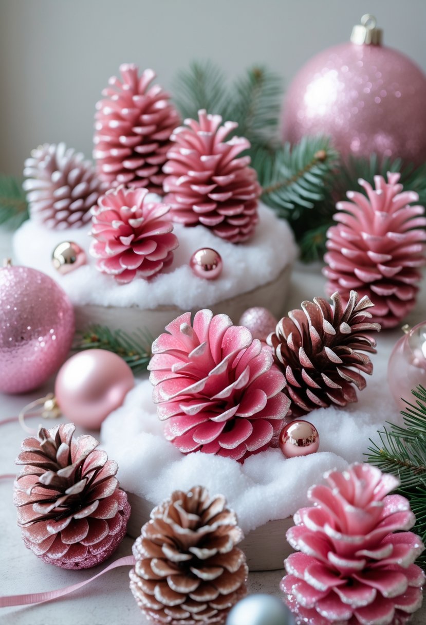 A collection of pink glitter pinecone decorations arranged on a light background with soft lighting.