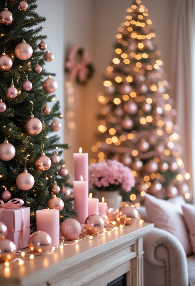 A cozy living room decorated for Christmas with rose gold string lights and pink ornaments on a Christmas tree.