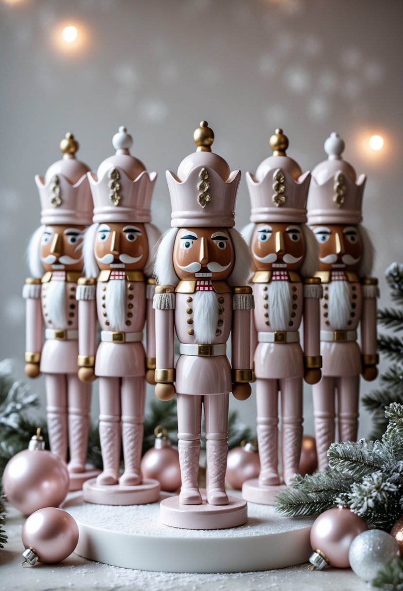 A group of light pink ceramic nutcrackers arranged with Christmas decorations on a white surface.