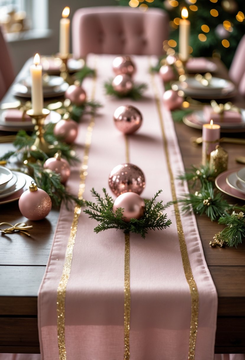 A dining table decorated with a blush pink table runner and gold accents surrounded by pink and gold Christmas decorations.