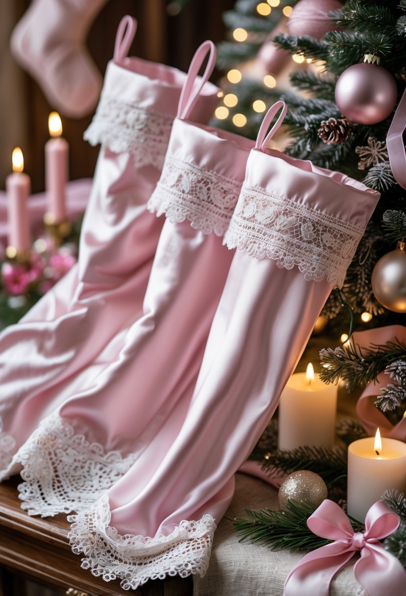 Pink satin stockings with lace trim surrounded by pink Christmas decorations and warm festive lighting.