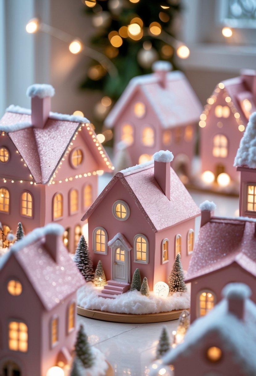 A miniature Christmas village with several blush pink houses decorated with lights, wreaths, and faux snow.