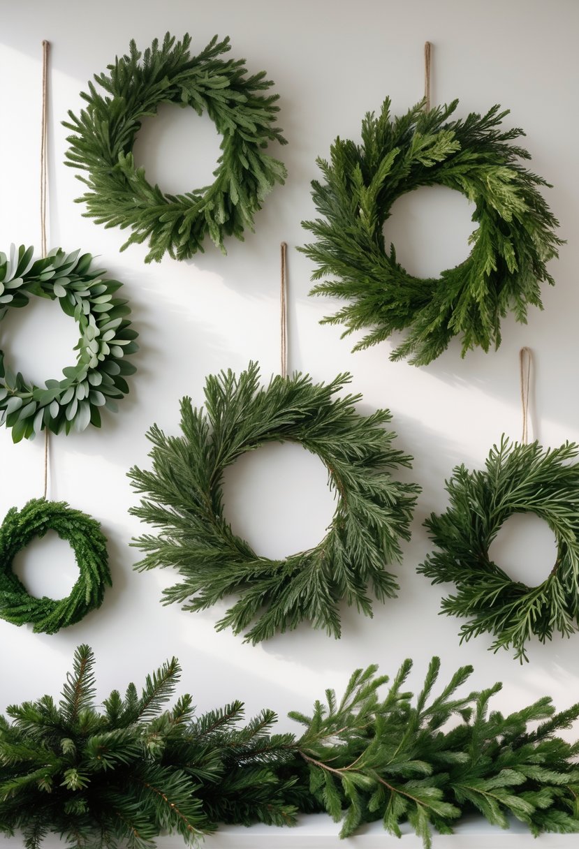 A collection of natural evergreen wreaths made from pine and fir branches arranged on a light background.