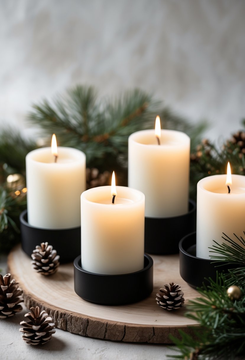 White candles in black holders on a wooden surface with pine branches and pine cones around them.