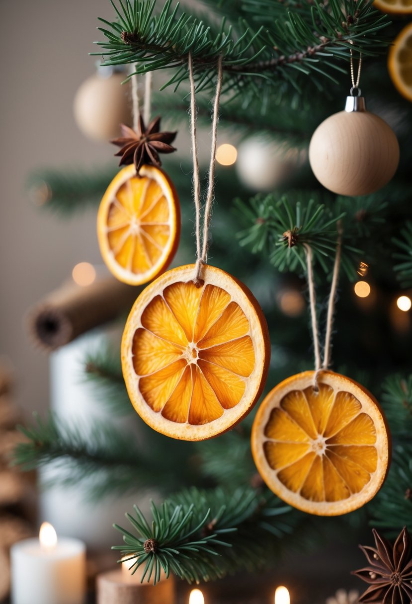 Close-up of dried orange slices hanging as ornaments on a decorated Christmas tree with natural festive decorations.