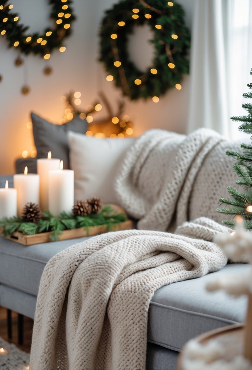A cozy living room corner with neutral knitted throw blankets on a sofa and simple Christmas decorations on a wooden coffee table.