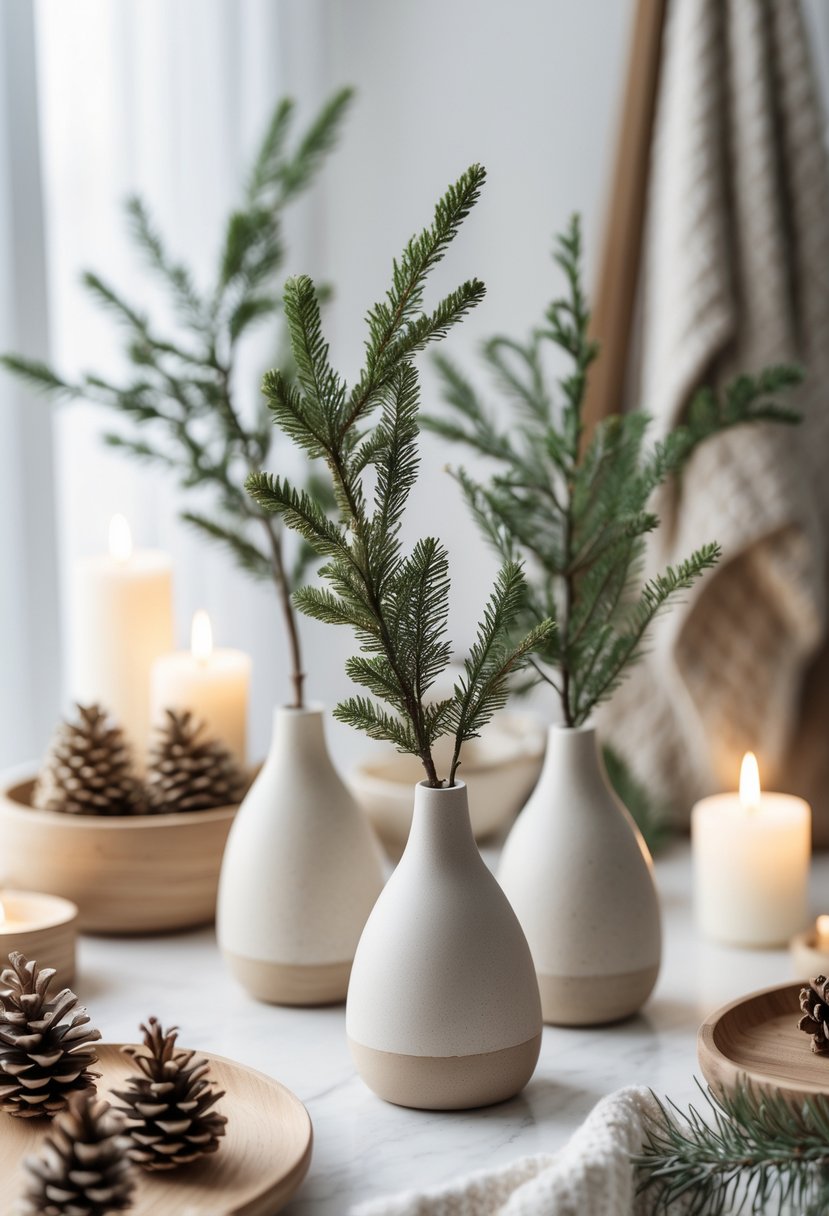 A collection of simple ceramic vases holding pine sprigs arranged with natural Christmas decorations on a bright surface.