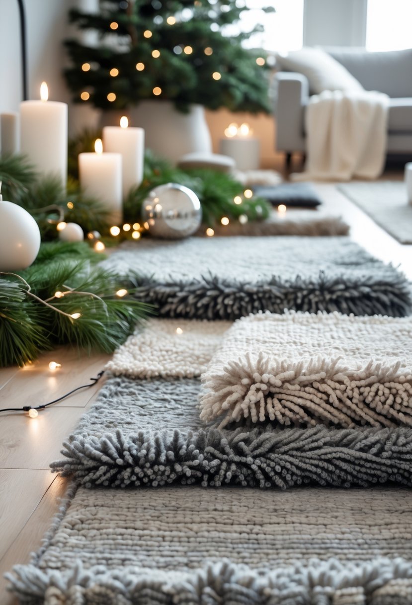 A living room with layered gray wool rugs on a wooden floor and Christmas decorations including candles, greenery, and soft lighting.