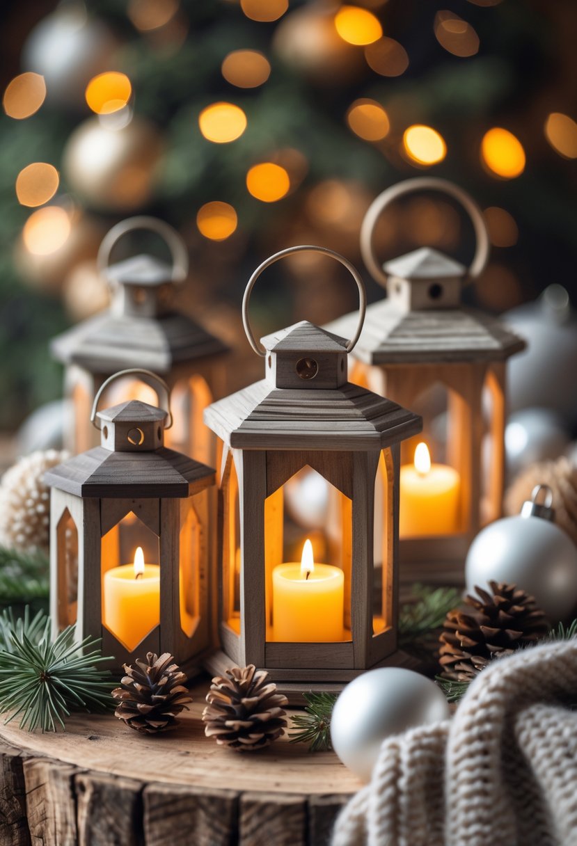 Rustic wooden lanterns with glowing LED candles surrounded by pine branches and Christmas decorations on a wooden surface.