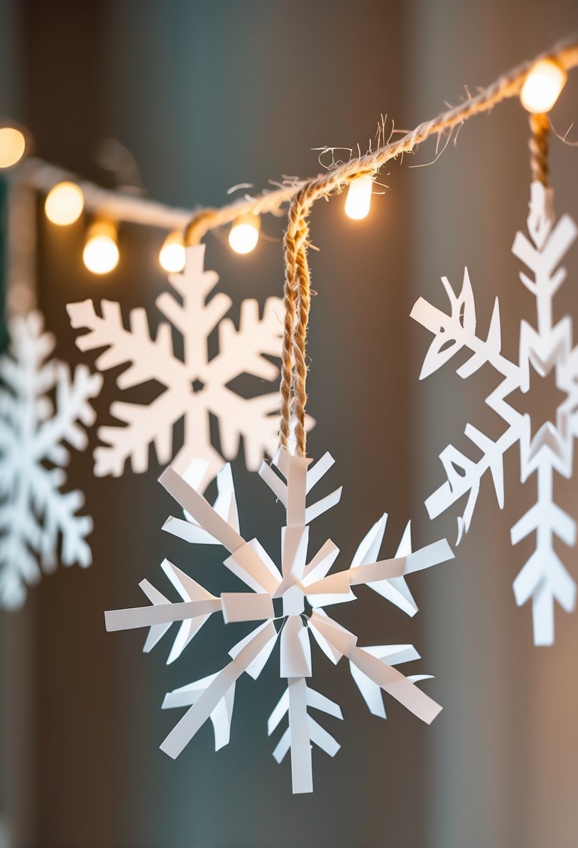 Handmade paper snowflakes hanging from a twine string against a softly blurred background.