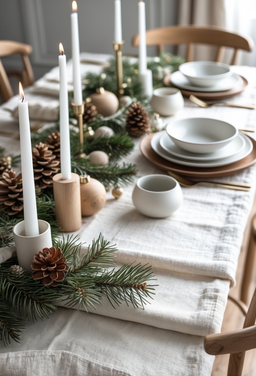 A Christmas table set with white and beige linen runners, decorated with pine branches, candles, pinecones, and wooden ornaments.