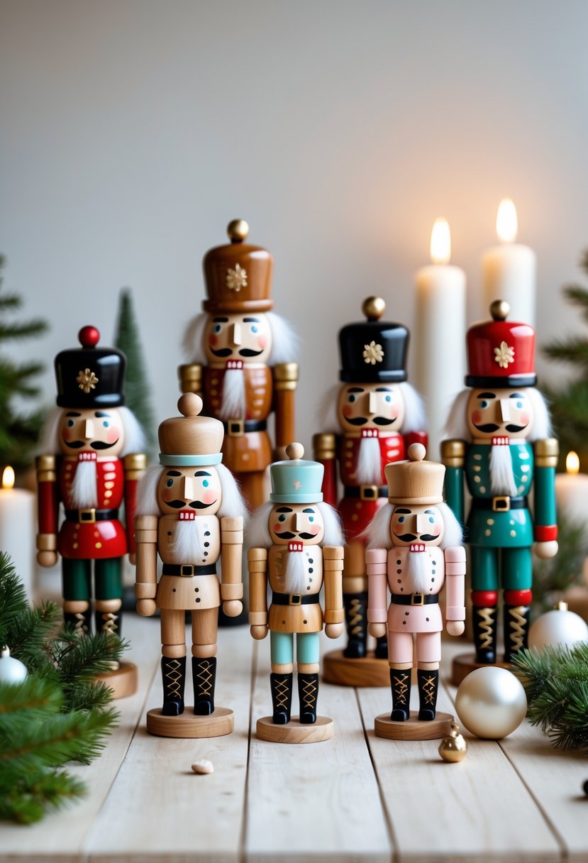A collection of wooden nutcrackers displayed on a wooden surface with pine branches and candles around them.