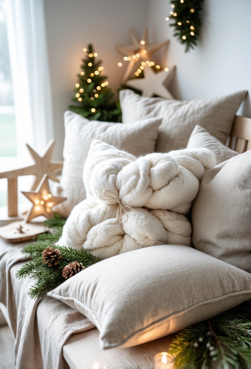 A cozy arrangement of raw cotton-filled pillows surrounded by simple Christmas decorations like pine cones and evergreen sprigs on a wooden bench.