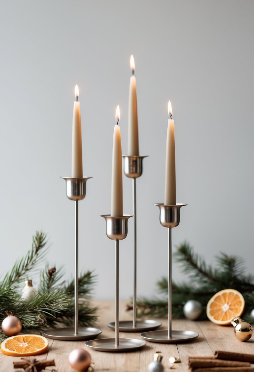 A wooden surface with metal candleholders holding slender candles surrounded by pine branches and Christmas decorations.