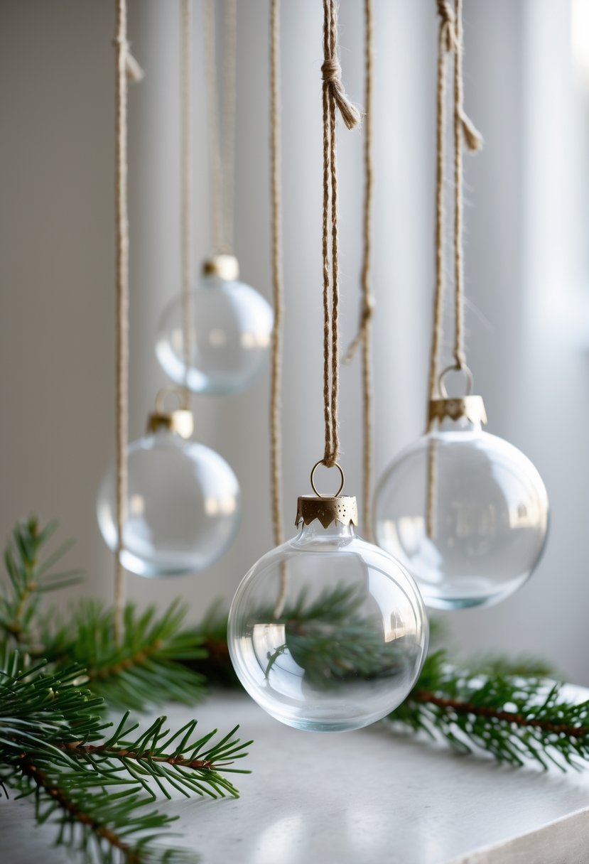 Clear glass baubles hanging from natural twine strings with some green pine sprigs in the background.