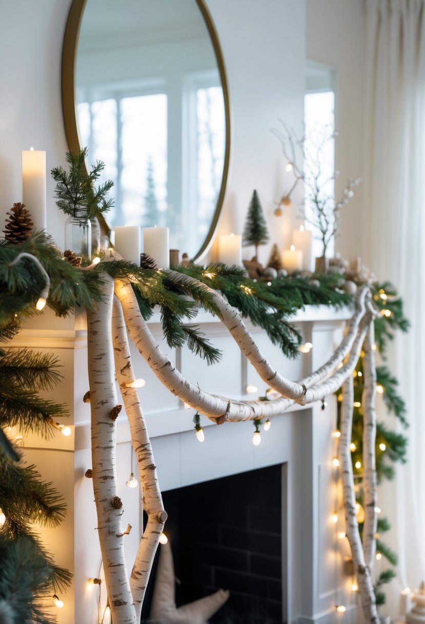 A living room mantel decorated with birch bark garlands, pine branches, white candles, and wooden ornaments for Christmas.