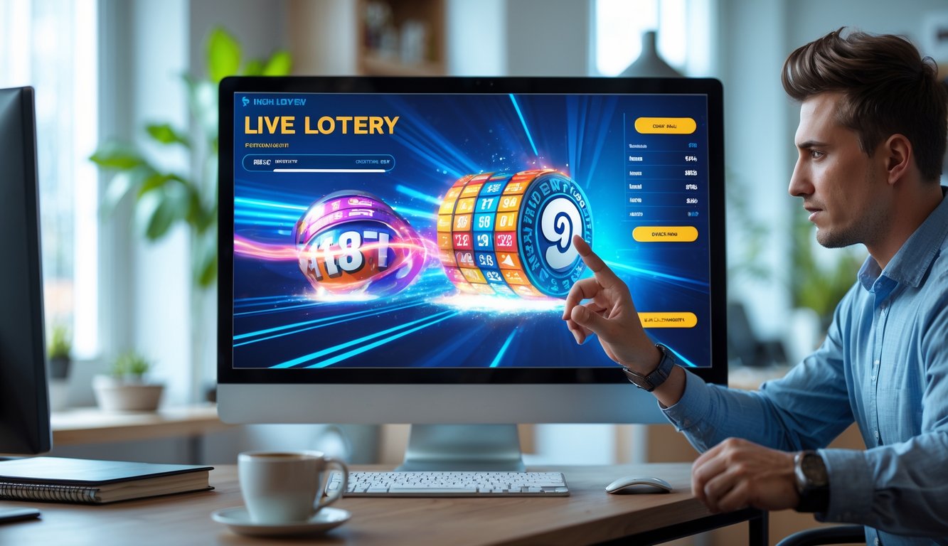 Seorang profesional muda menggunakan komputer dengan tampilan hasil undian lotere online secara langsung di kantor yang terang dan rapi.